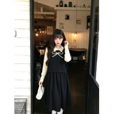 批发韩系蝴蝶结两件套女翻领长袖连衣裙+撞色马甲开衫温柔减龄套装