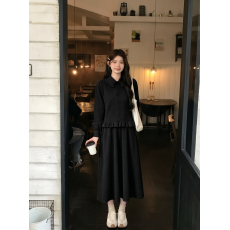 批发温柔木耳边针织两件套女 荷叶领长袖上衣 + <b class='q'>长裙</b> 韩系显瘦套装
