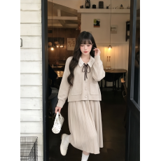批发<b class='q'>蕾丝</b>娃娃领针织两件套女蝴蝶结开衫百褶半身长裙套装春秋温柔穿搭