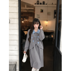 批发撞色<b class='q'>翻领</b>针织两件套女蒲公英刺绣马甲开衫宽松长款<b class='q'>连衣裙</b>套装春秋