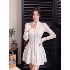 批发半高领拉链针织连衣裙女修身收腰大摆 A字短裙辣妹显瘦长袖打底裙