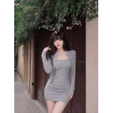 批发纯欲短款开衫 + 吊带包臀连衣裙两件套 修身显身材辣妹裙