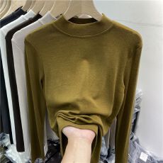 莫代尔人棉 半高领磨毛长袖T恤女秋冬加绒打底衫上衣