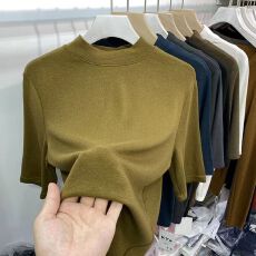 批发莫代尔人棉  欧货中<b class='q'>袖</b><b class='q'>T</b><b class='q'>恤</b>女春秋韩版宽松小立领弹力五分<b class='q'>袖</b>打底衫