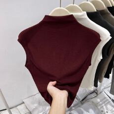 批发莫代尔1*1人棉260克春秋新款安可拉红半高领无袖背心外穿上衣