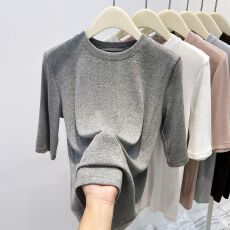 批发秋季新款圆领五分<b class='q'>袖</b>打底衫女正肩宽松显瘦软糯中<b class='q'>袖</b><b class='q'>t</b><b class='q'>恤</b>上衣