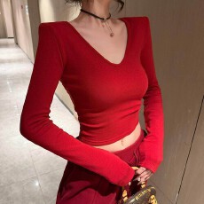 批发<b class='q'>莫代尔</b>1×1人棉260克气质修身v领长袖t恤女短款<b class='q'>打底衫</b>内搭上衣