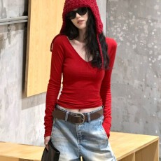 批发<b class='q'>莫代尔</b>1×1人棉260克 纯色正肩V领<b class='q'>打底衫</b>长袖T恤女修身短款上衣