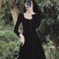 批发法式优雅秋冬金丝绒连衣裙女赫本收腰显瘦温柔风气质复古<b class='q'>礼服</b><b class='q'>长裙</b>