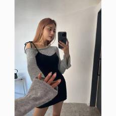 批发韩国东大门<b class='q'>秋</b>冬新款气质假两件斜领露肩拼接修身包臀御姐连衣裙女