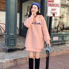 批发仿羊羔毛绒卫衣女连帽2026新款加厚加绒<b class='q'>中</b>长款韩版宽松<b class='q'>长袖</b>卫衣裙