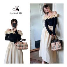 批发早秋季高级感新款一<b class='q'>字</b>领气质裙子小个子高级感长袖法式<b class='q'>连衣裙</b>女装