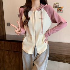 批发插肩显瘦双拉链连帽卫衣<b class='q'>女</b>拼接设计感<b class='q'>宝宝</b>绒秋冬季加绒盐系上衣服