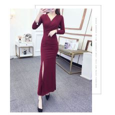 批发性感连衣裙女长袖初秋新款夜店V领收腰修身包臀气质宴会<b class='q'>礼服</b><b class='q'>长裙</b>