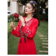 批发新款连衣裙夏长款刺绣显瘦复古民族风女云南西藏中国风白色长裙子