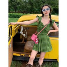 绿色格纹小飞袖套装女2026夏季新款韩版减龄显瘦方领连衣裙女上衣