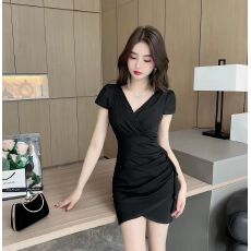 批发夜总店工作服连衣裙<b class='q'>女装</b>辣妹<b class='q'>性感</b>V领低胸紧身褶皱不规则包臀短裙