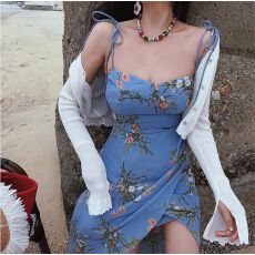 批发百搭<b class='q'>欧美</b>风女不规则时尚夏季辣妹风情性感吊带印花显瘦中长连衣裙