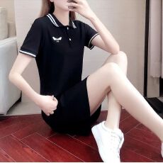 批发polo领大码连衣裙女夏季新款韩版小个子短袖中长款绣花t恤裙