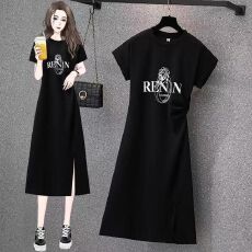 批发<b class='q'>连衣裙</b>女夏季新款胖mm设计感休闲中长款<b class='q'>开叉</b>修身显瘦短袖T恤裙子