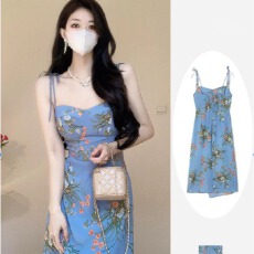 批发百搭<b class='q'>欧美风</b>女不规则时尚夏季辣妹风情性感吊带印花显瘦中长<b class='q'>连衣裙</b>