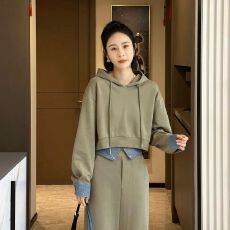 批发春秋款韩系慵懒风连帽卫衣套装女大码胖mm遮肚半身裙两件套300斤