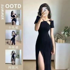 批发小众设计感镂空<b class='q'>性感</b>露肩<b class='q'>礼服</b>小黑裙夏新款高端开叉别致短袖连衣裙