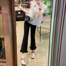 批发有口袋 微喇高腰<b class='q'>大码</b>百搭小黑裤显瘦木耳花边裤脚紧身弹力九分裤