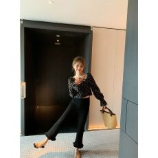 批发有口袋  微喇高腰<b class='q'>大码</b>百搭小黑裤显瘦木耳花边裤脚紧身弹力九分裤