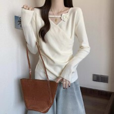 批发【徳绒1*1】大码法式漂亮V领女秋季胖mm设计不规则收腰上衣