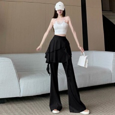 批发荷叶边假两件微喇叭裤裙女春夏2026新款时尚洋气高腰休闲<b class='q'>拖地</b>长裤