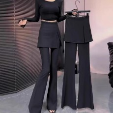 批发【捻丝<b class='q'>长裤</b>】假两件一体微喇叭裙裤子女宽松垂感<b class='q'>大码</b>小个子阔腿裤