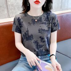 批发预4/3【原版质量/40支仿棉+数码】正肩短袖t恤<b class='q'>女休闲</b>显瘦上衣夏季
