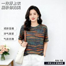 批发高弹索罗娜2026<b class='q'>夏</b>季复古短袖T恤显瘦百搭优雅<b class='q'>妈妈装</b>圆领气质小衫