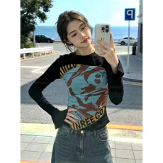 原版质量人棉/260克美式设计感褶皱长袖T恤女2026新款印花上衣