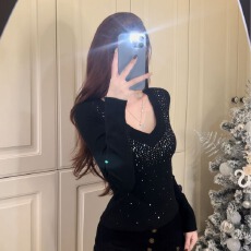 批发慕斯微绒重工烫钻满天星V领性感修身百搭女<b class='q'>T</b><b class='q'>恤</b>上衣