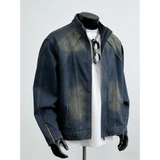 美式复古解构水洗做旧黄泥染立领牛仔外套男春秋拼接百搭宽松夹克