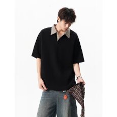 批发夏季千鸟格拼接 polo 衫短袖宽松潮流时尚简约百搭舒适透气上衣