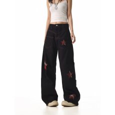新款美式高街星星刺绣设计感牛仔裤潮流宽松直筒休闲百搭长裤
