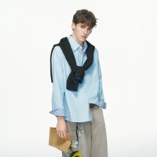 小众设计海岛热恋条纹撞色衬衫宽松显瘦休闲度假风衬衣男新款