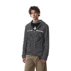 批发2026美式街头条纹连帽卫衣女春秋季修身显瘦新款拉链<b class='q'>开衫</b>外套上衣