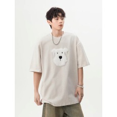 批发毛绒小狗印花重磅纯棉短袖宽松透气舒适百搭<b class='q'>潮</b>流时尚男女同款T恤