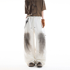 批发美式街头全棉脏染休闲牛仔伞兵裤潮牌设计感宽松抽绳直筒工装长裤