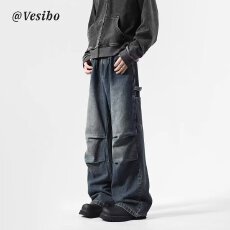 潮流宽松抽绳牛仔裤 男士休闲帆布长裤