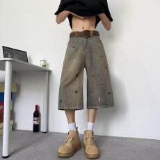 批发潮流刺绣宽松百慕大裤 <b class='q'>男士</b>夏季休闲时尚短裤 黑色户外裤子