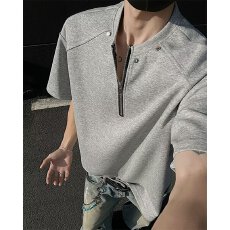 时尚灰色短袖T恤 男士休闲翻领拉链上衣 潮流百搭款