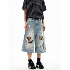 批发破洞牛仔短裤<b class='q'>男</b>夏季街头时尚宽松潮流休闲<b class='q'>裤子</b>