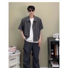 批发时尚简约男士短袖衬衫宽松休闲上衣潮流打底衫青年百搭设计