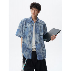 批发时尚休闲牛仔短袖衬衫潮流复古男士<b class='q'>夏</b>季服装上衣清新透气舒适
