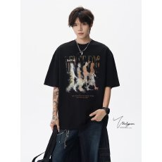 批发时尚拼接宽松T恤男休闲短袖潮流印花上衣个性街头风春<b class='q'>夏</b>新品